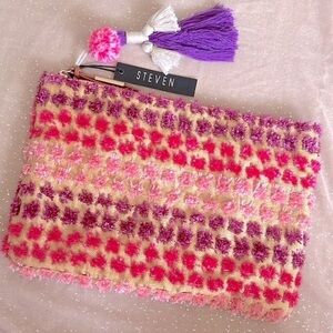 Brand new Steven Steve Madden Large Zippered Clutch Burlap w/ Pink Straw Poms